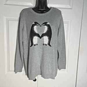 Charter‎ Club Sweater Women 1X Gray Penguins Graphic Crew Neck Knit Pullover Top